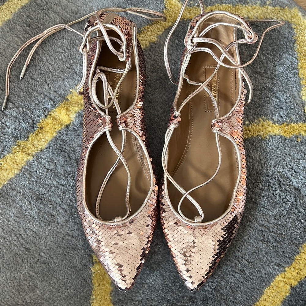 Aquazzura rose gold sequin embellished ballet flats